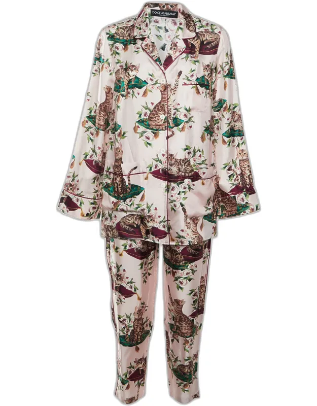 Floral & Cat Printed Silk Pajama Set