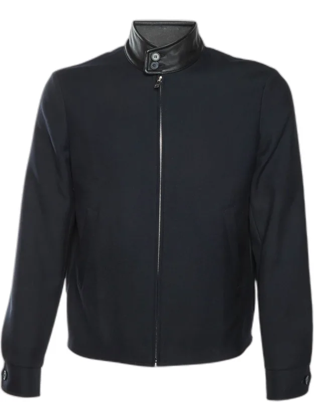 Wool Blend Leather Collar Detail Zip Up Jacket