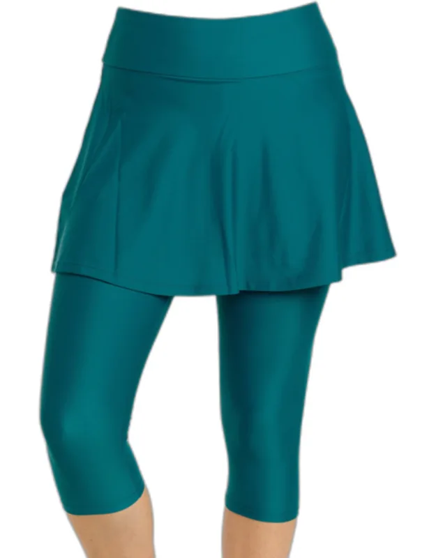 High Waisted Flared Swim Skort With Attached Capri Leggings