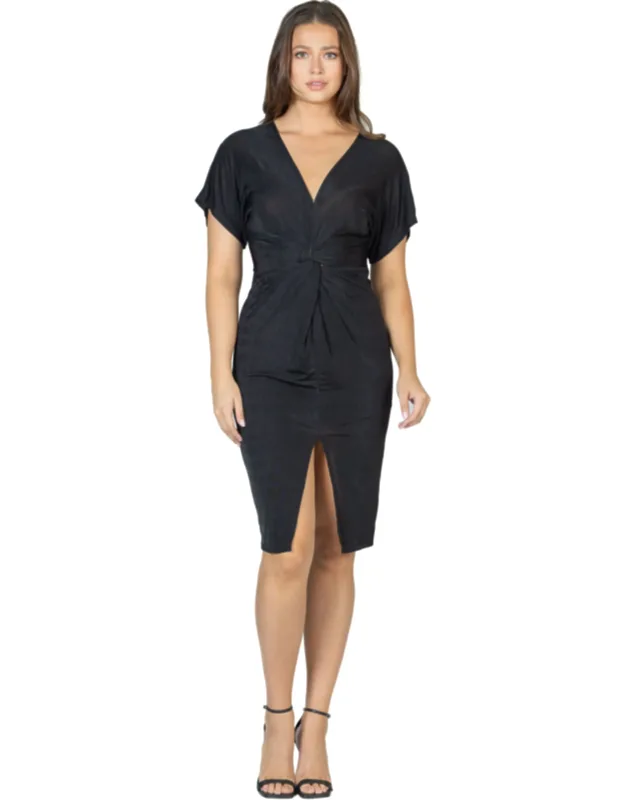 Short Sleeve V Neck Twist Front Split Hem Knee Length Dress, Effortless Romance, Soft Stretch Fabric