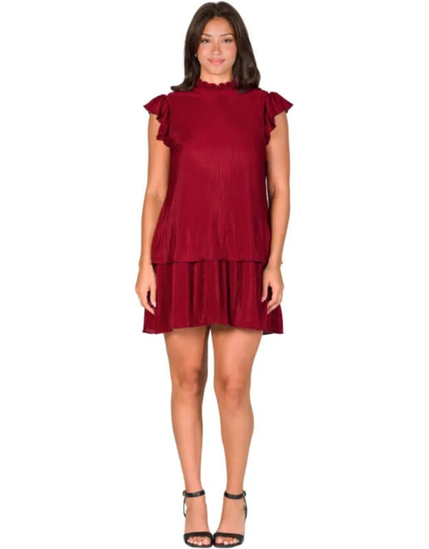 Ruffle Cap Sleeve High Neck Mini Dress With Keyhole Button Closure And Flared Hem