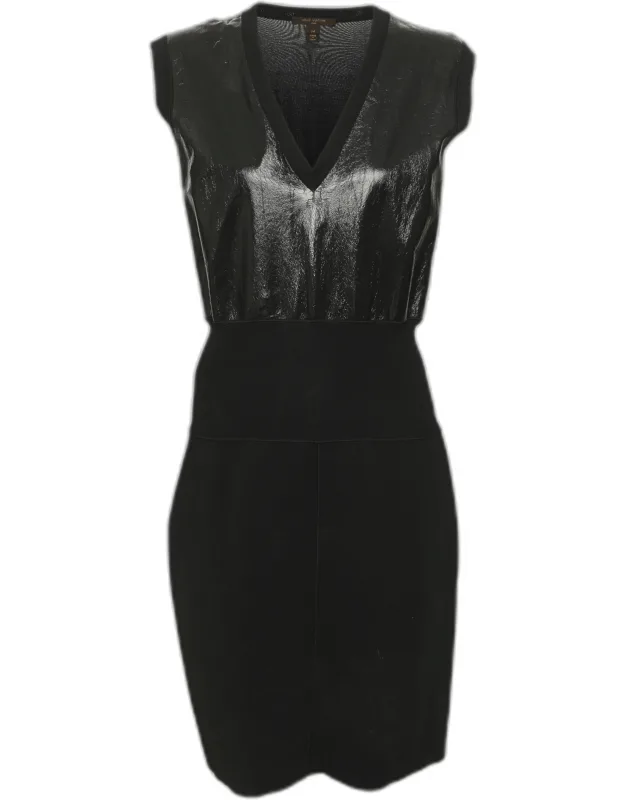 Stretch Knit And Patent Leather Knee Length Dress