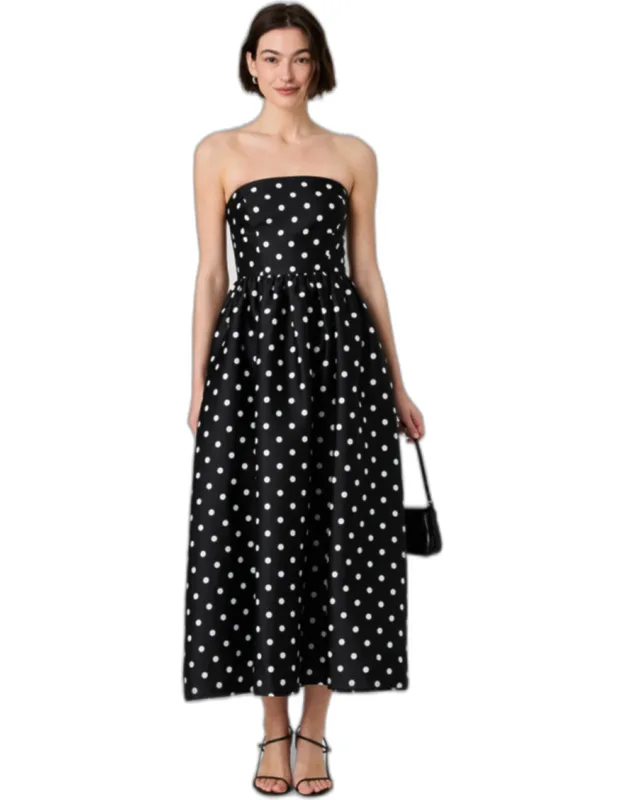 Structured Taffeta Polka Dot Strapless Midi Dress