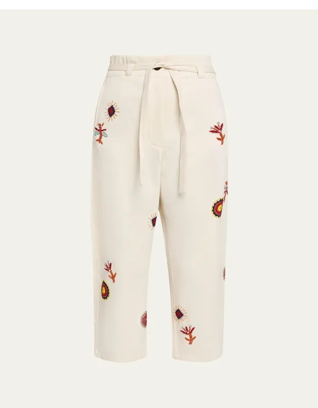 Tie-waist Embroidered Pants