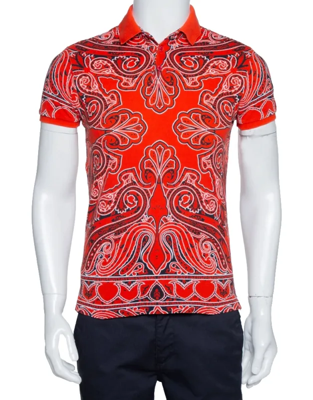 Coral Red Bandana Paisley Print Cotton Pique Polo T-shirt