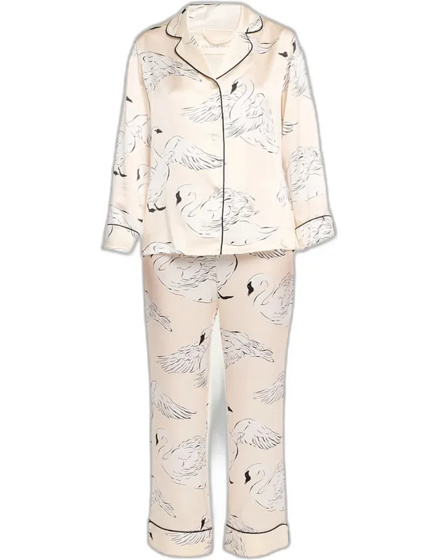 Swan-print Silk Satin Pajama Set