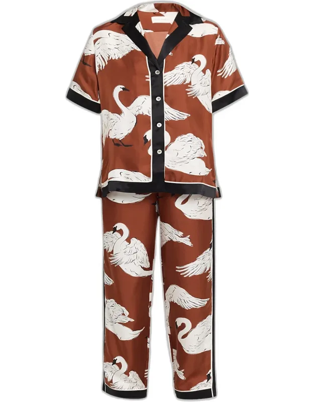 Swan-print Silk Twill Pajama Set