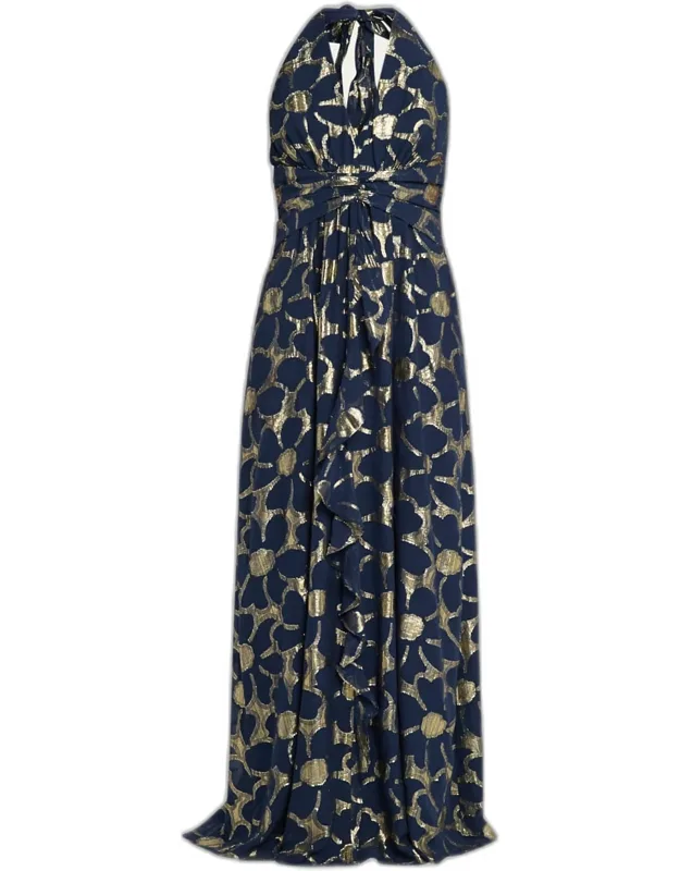 Metallic Floral Halter Maxi Dress