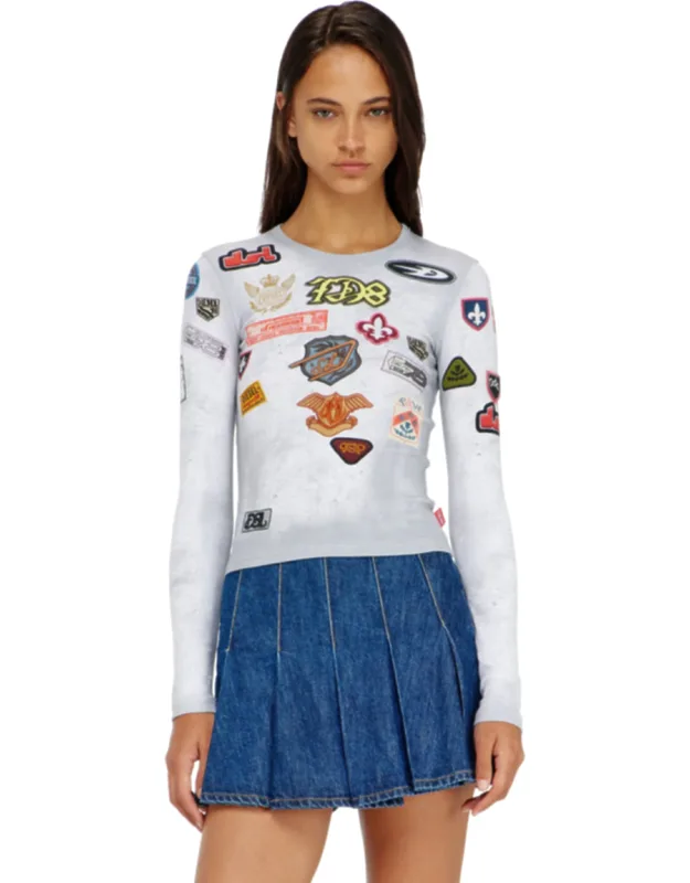 Ribbed Jersey Top With All-over Patch Print