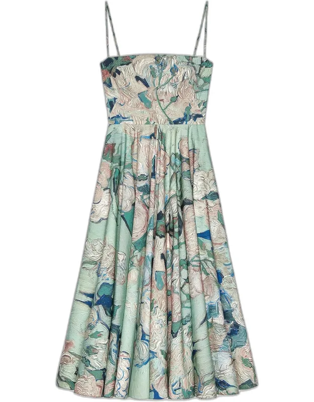 Rose Print Cotton Poplin Sliced Midi Dress