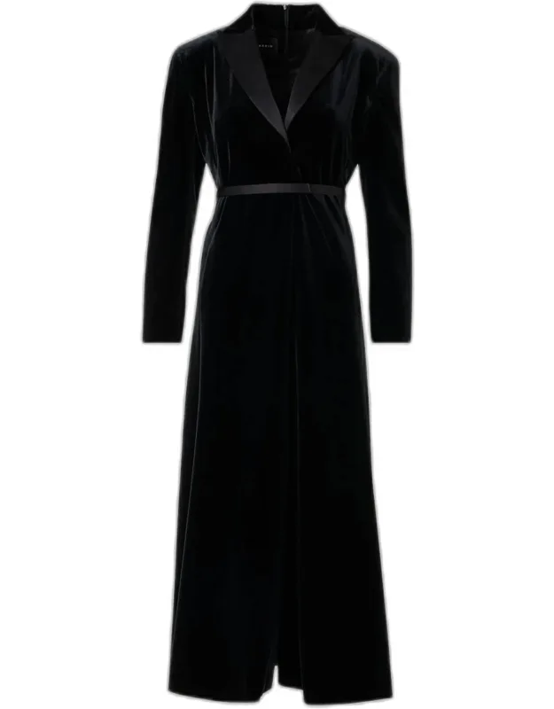 Belted Velvet Midi Tuxedo Dress