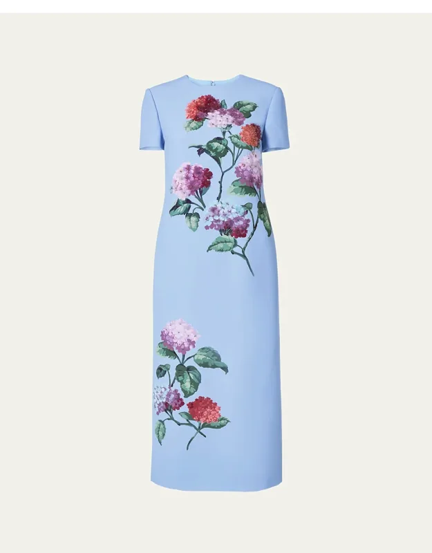 Hydrangea-print Crepe Ankle Dress