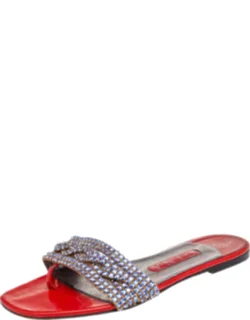 Crystal Embellished Patent Leather Thong Flat Slides
