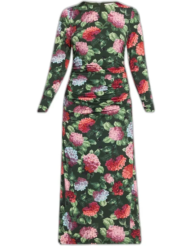 Hydrangea-print Ruched Jersey Long-sleeve Midi Dress