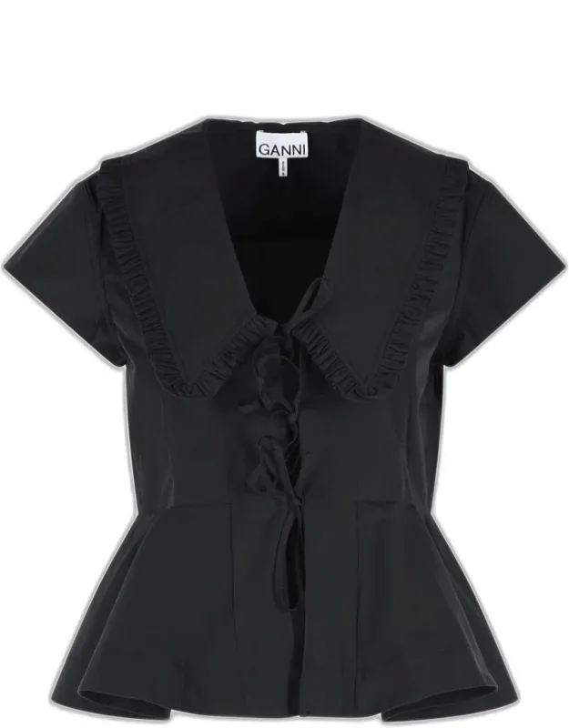Ganni Black Poplin Blouse With Wide Collar And Lace Closure