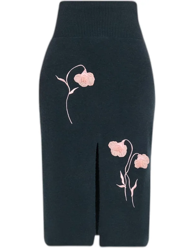 Embroidered Wool Knit Midi Pencil Skirt