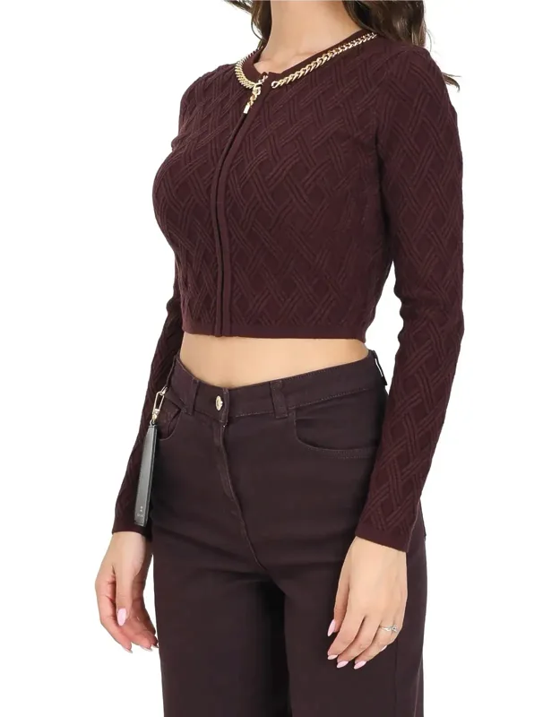 Cropped Textured Cardigan With Front Zip And Gold Chain Detail