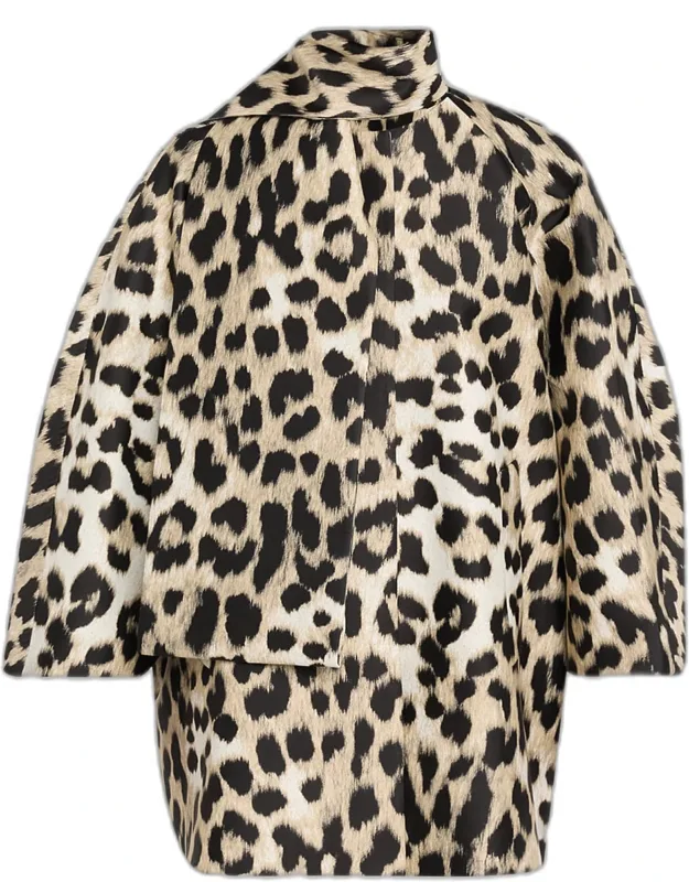 Leopard Jacquard Cocoon Coat With Scarf
