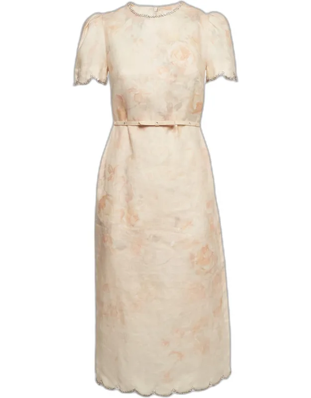 Rose Print Linen Crystal Embellished Midi Dress