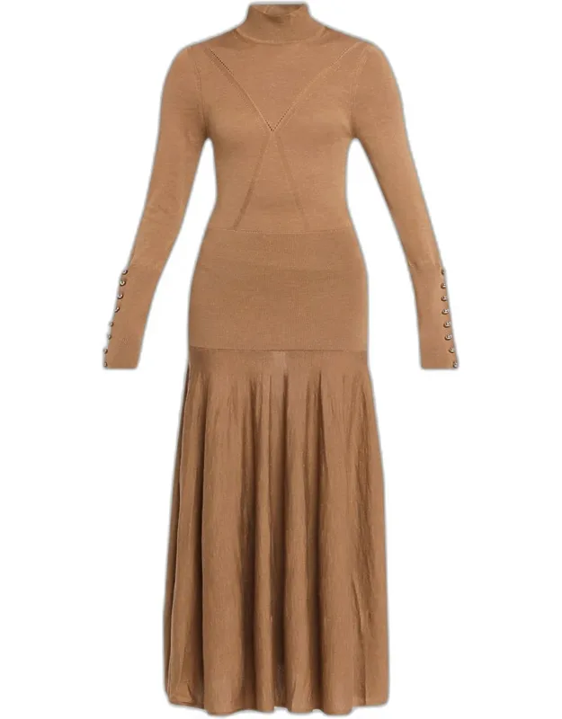Turtleneck Wool-silk Knit Drop-waist Maxi Dress