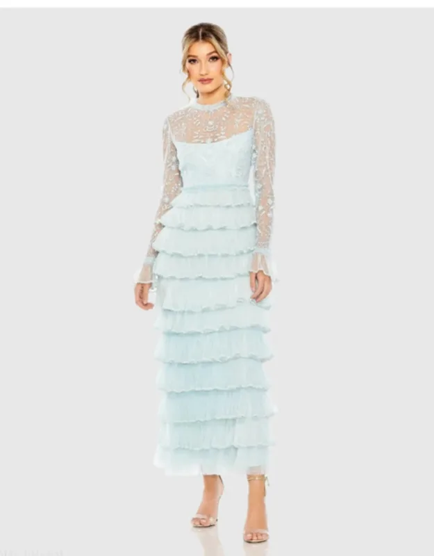 Embroidered Long Sleeve Ruffled Tiered Dress