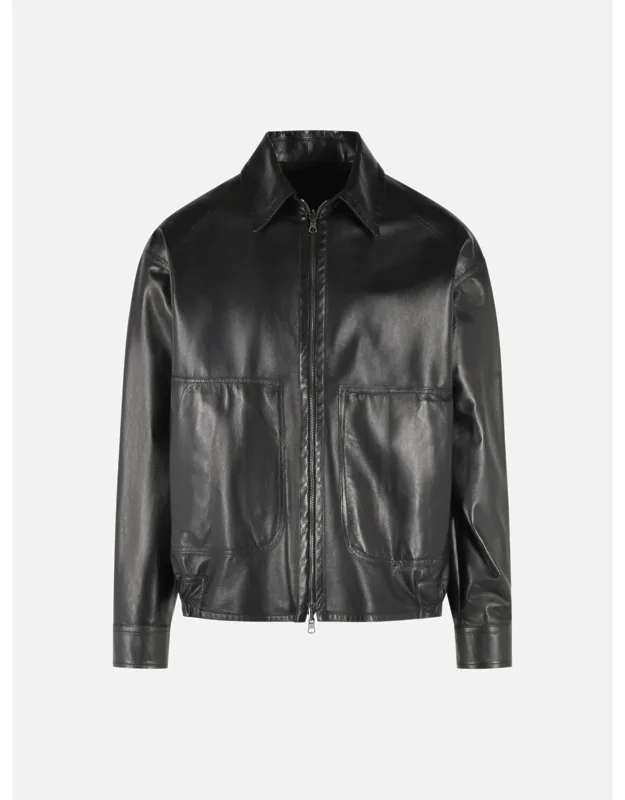 Black Leather Jacket With Pointed Collar And Zip Closure