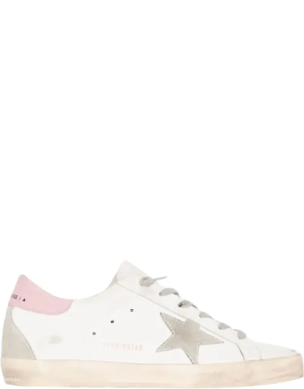 White Super Star Sneakers With Iconic Star Detail And Soft Pink Heel Accent