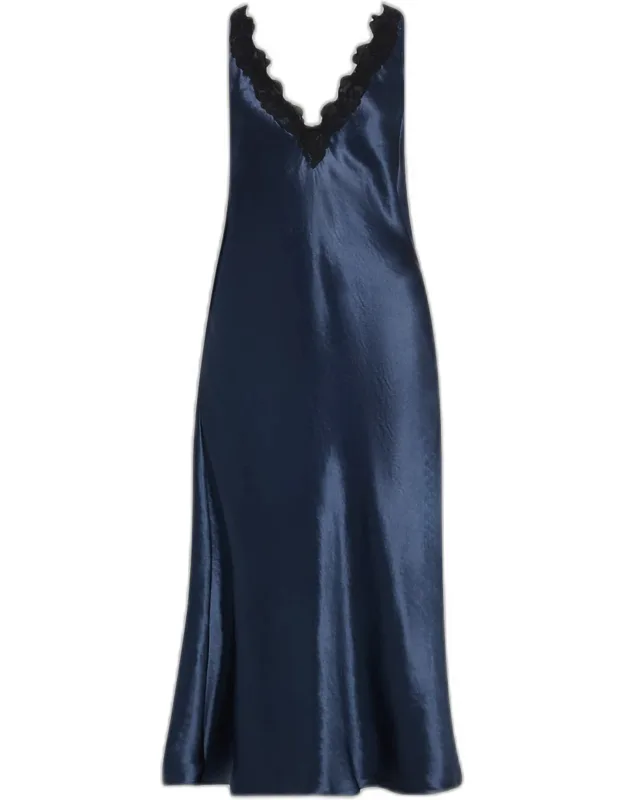Lace-trim V-neck Satin Midi Slip Dress