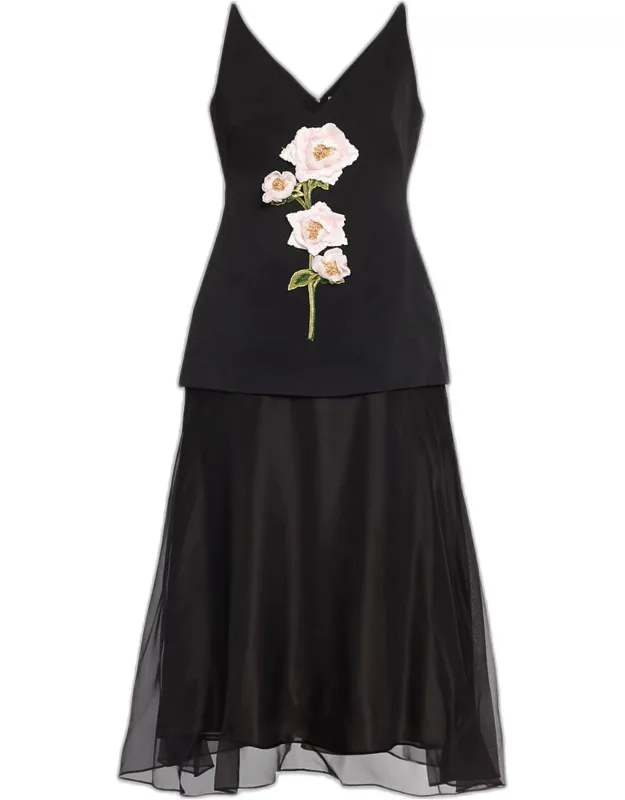 3d Peony Embroidered Faille V-neck Cocktail Dress