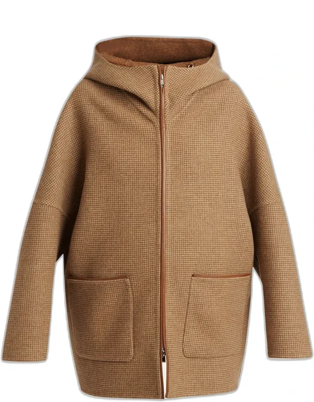 Houndstooth Wool-cashmere Hooded Overcoat