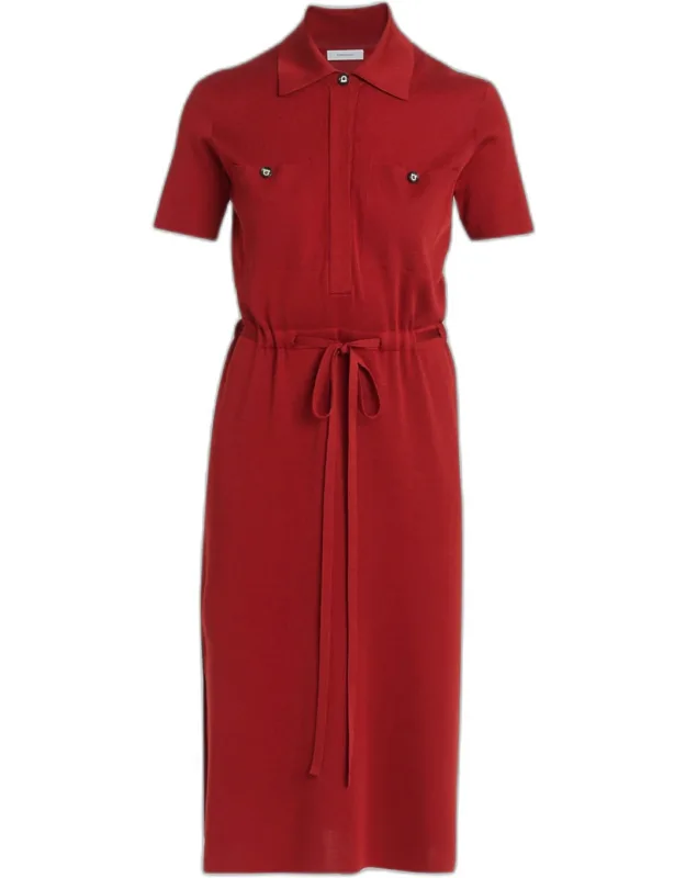 Short-sleeve Silk Knit Drawstring Midi Polo Dress