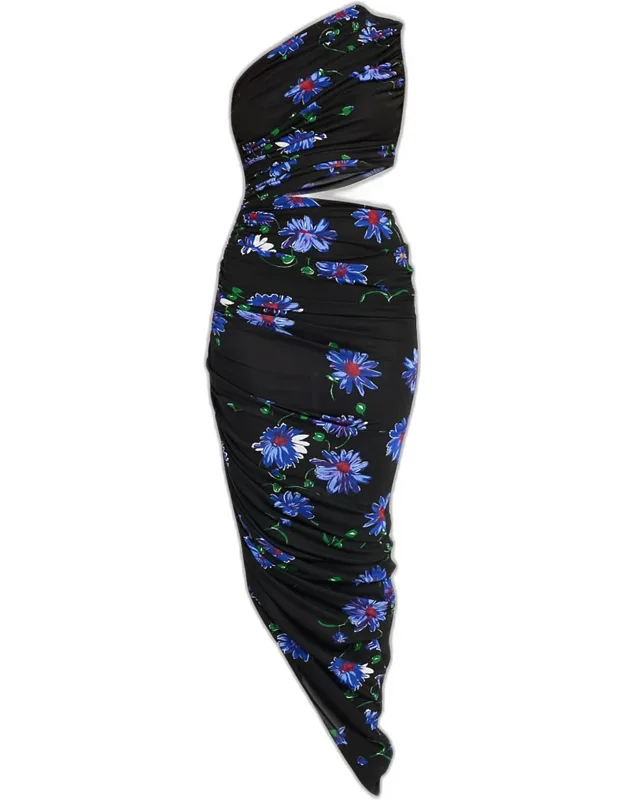 Ruched Floral Jersey Cutout Asymmetric Midi Dress