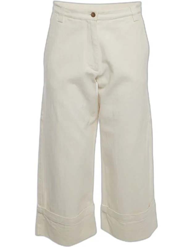 Cream Cotton Cropped Wide Leg Trousers