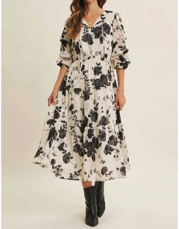 Dreamy Jacquard Floral Midi Dress With Statement Sleeve