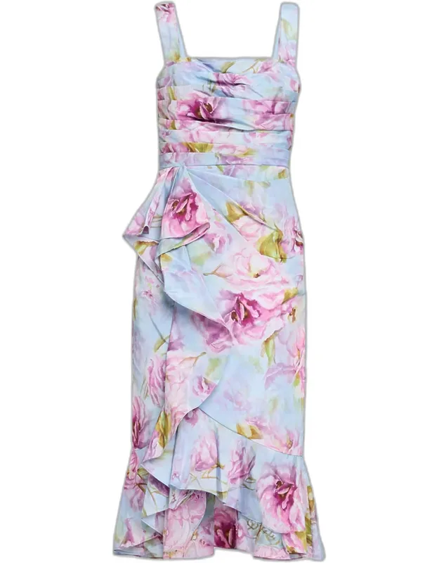 Draped Floral-print Taffeta Midi Dress