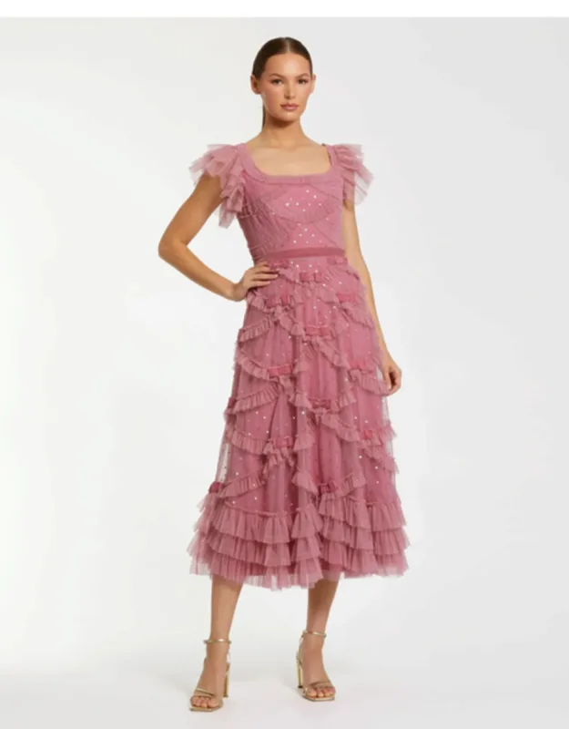 Flutter Sleeve Sequin A Line Midi Dress