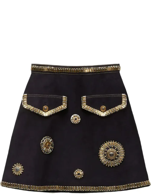 Embroidered Suede Mini Skirt