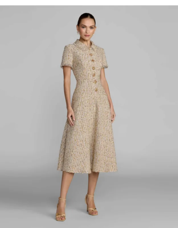 Boucl Midi Dress With Rhinestone Buttons