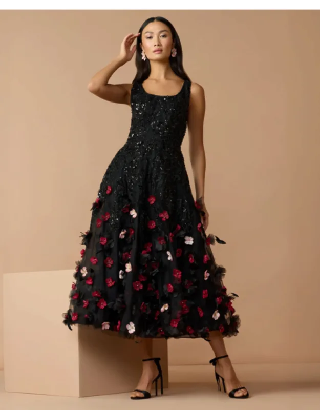 Petite Black Sleeveless Beaded Midi Dress With 3d Flowers