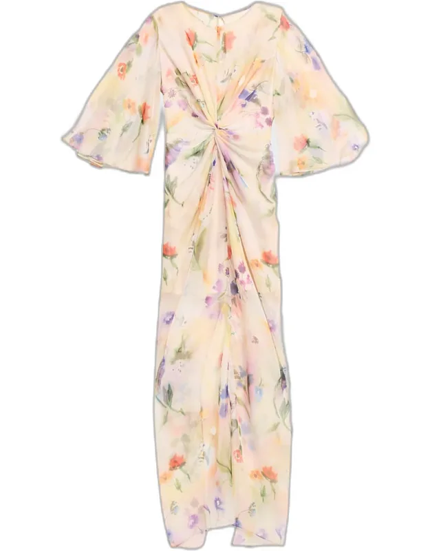 Flutter Sleeve Floral Silk Gathered Dress