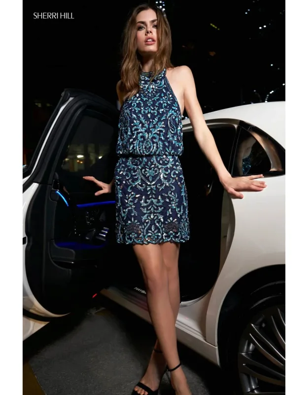High Cut Halter Neck Beaded Mini Dress