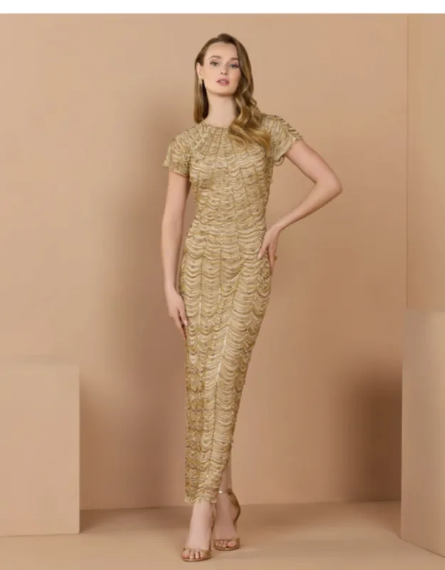 Gold Beaded Cap Sleeve Column Dress