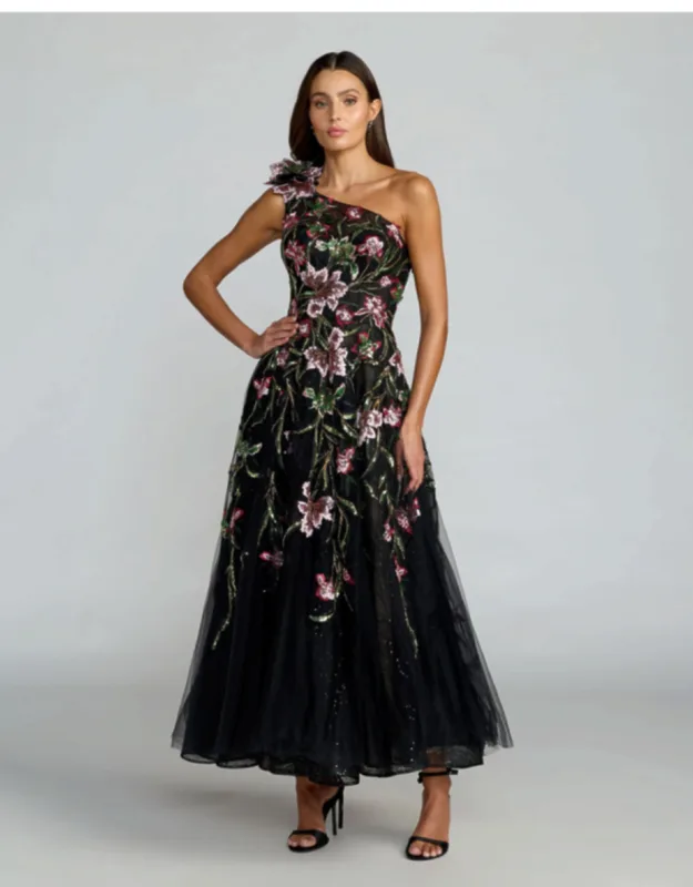 Embroidered Floral One Shoulder A-line Dress
