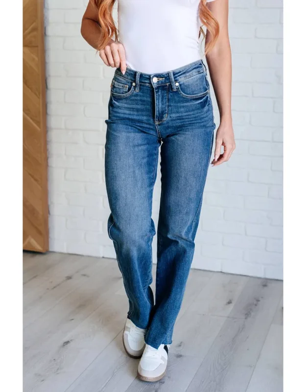 Mid Rise Tummy Control Vintage Raw Hem Straight Leg Jeans