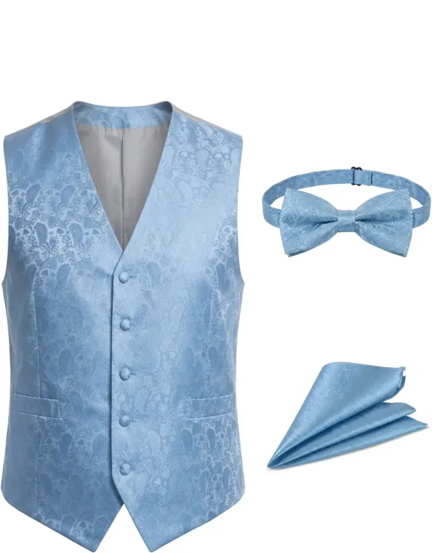 Waistcoat Set 3 Piece Jacquard Floral With Bow Tie & Pocket Square