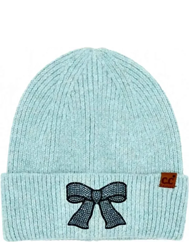 Rhinestone Ribbon Bow Embellishment Beanie