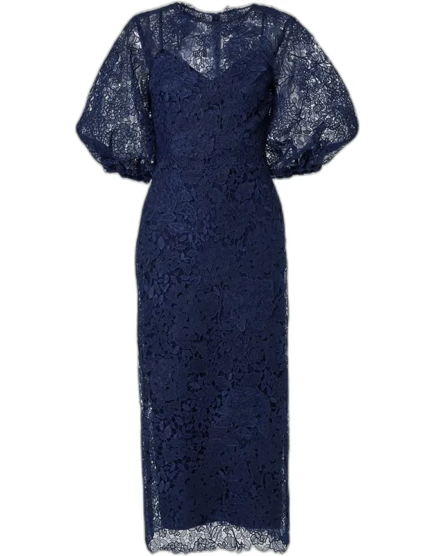 Lace Balloon-sleeve Belted Midi Pencil Dress