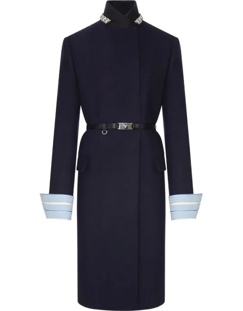 Long Wool Coat With Belt And Jewel Collar