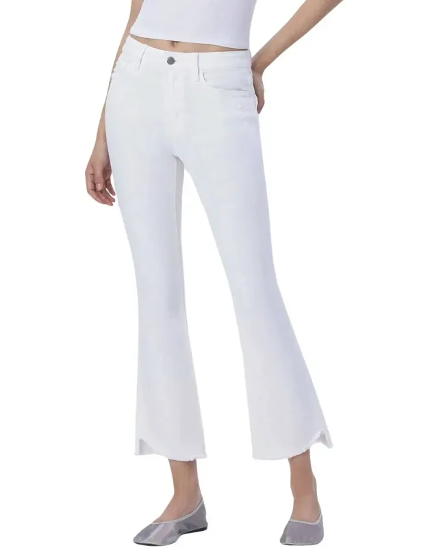 High Rise Raw Slant Step Hem Crop Flare Jeans