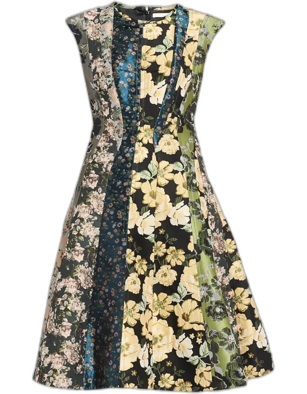 Floral Silk Jacquard Patchwork Midi Dress